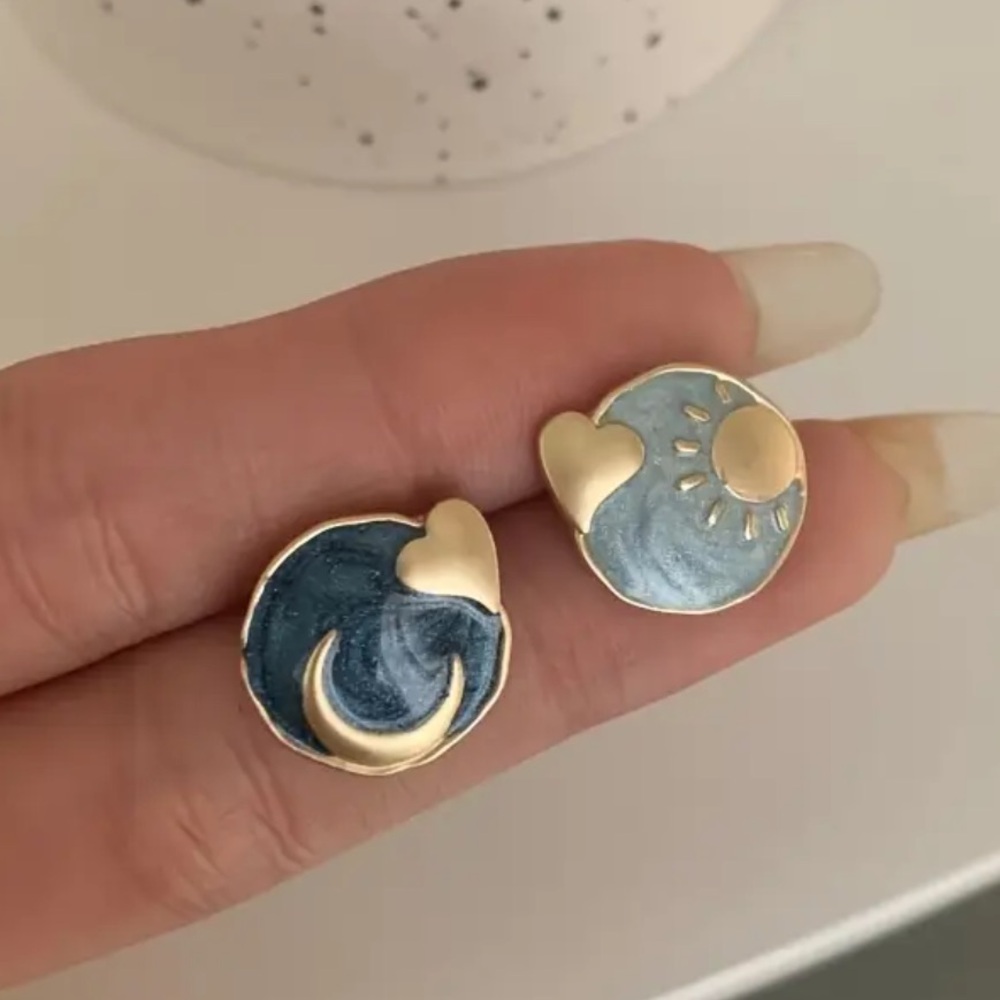 Gold and Blue Sun and Moon Earrings